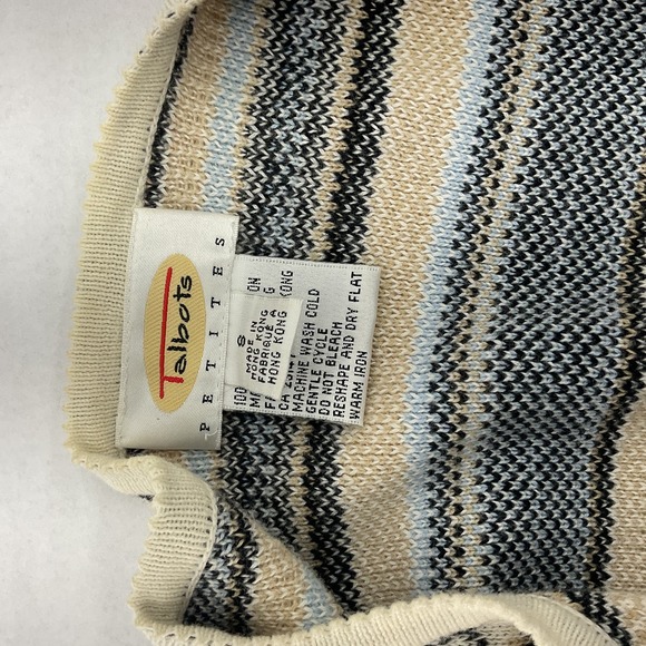 Talbots Beige Cotton Cream Black Light Blue Knitted Cardigan Sweater Womens S - Picture 5 of 8
